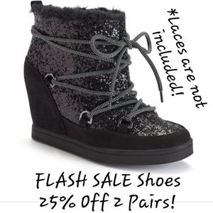 * Juicy Couture Mareen Wedge Ankle Glitter Sparkle Booties Black - No Shoe Laces
